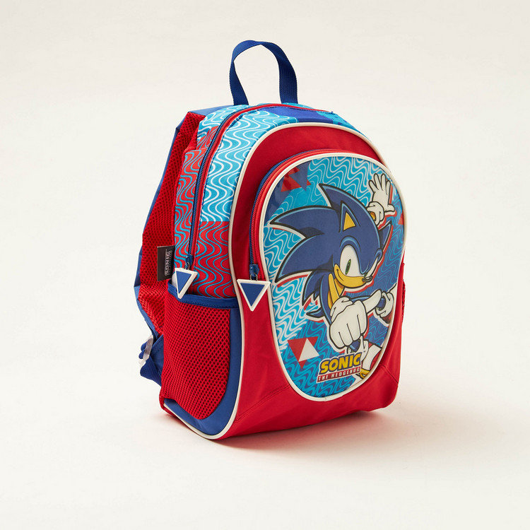 Sonic Printed Backpack with Zip Closure and Side Pockets - 14 inches