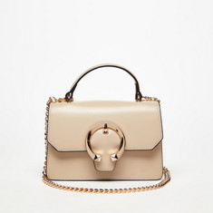 Celeste Solid Satchel Bag with Flap Closure and Buckle Detail