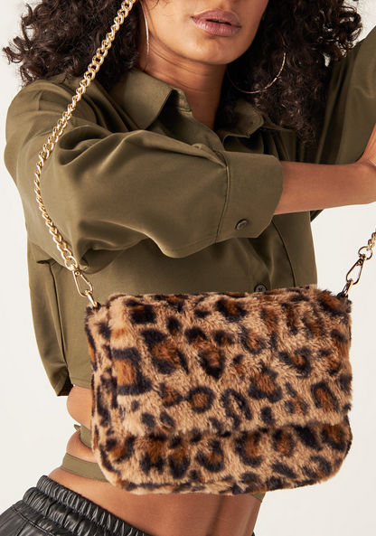 Haadana Animal Print Fur Crossbody Bag with Chain Strap