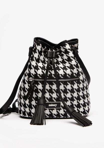 Missy Houndstooth Embroidered Bucket Bag with Drawstring Closure-Women%27s Handbags-image-1