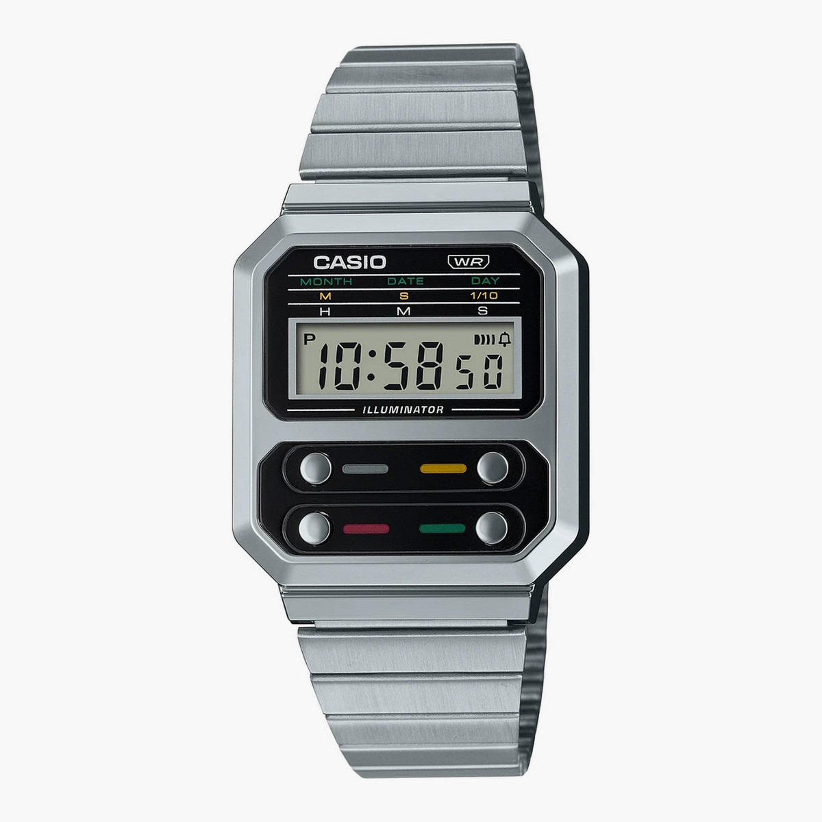 Casio Unisex Stainless Steel Silver Strap Digital Watch - A100WE-1ADF-men-watchesandjewellery-watches-image-1