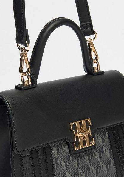 Elle Monogram Print Satchel Bag with Detachable Strap and Twist Lock Closure