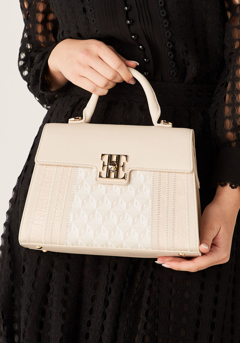 Elle Monogram Print Satchel Bag with Detachable Strap and Twist Lock Closure-Women%27s Handbags-image-0