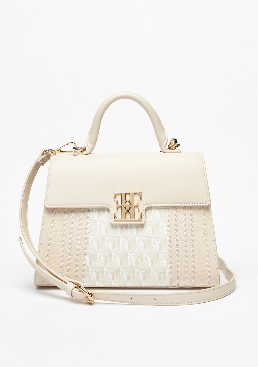 Elle Monogram Print Satchel Bag with Detachable Strap and Twist Lock Closure-Women%27s Handbags-image-1