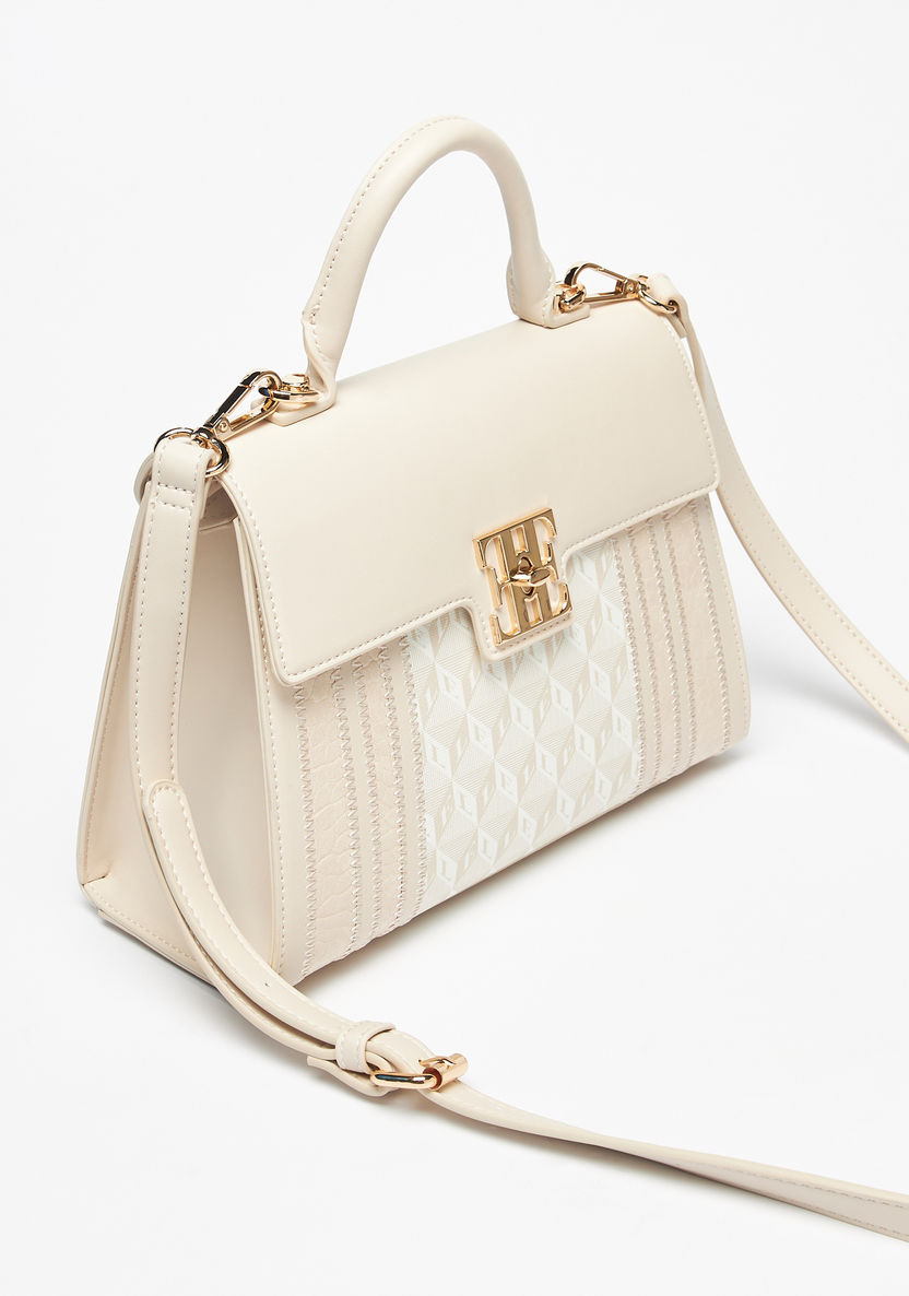Elle Monogram Print Satchel Bag with Detachable Strap and Twist Lock Closure-Women%27s Handbags-image-2