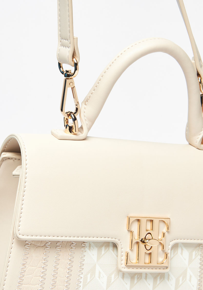 Elle Monogram Print Satchel Bag with Detachable Strap and Twist Lock Closure-Women%27s Handbags-image-3