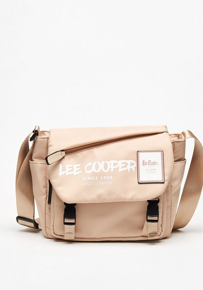Lee Cooper Logo Print Crossbody Bag with Adjustable Strap and Buckle Closure