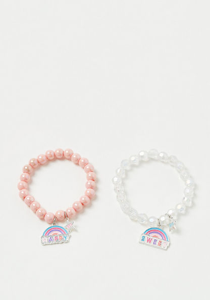Charmz Pearl Embellished Bracelet with Enamelled Rainbow Charm - Set of 2-Jewellery-image-0