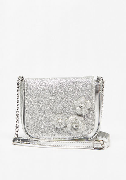 Little Missy Glitter Textured Crossbody Bag with Floral Accent