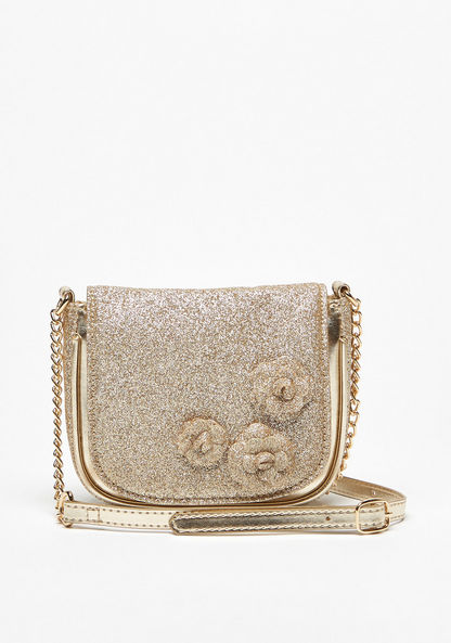 Little Missy Glitter Textured Crossbody Bag with Floral Accent