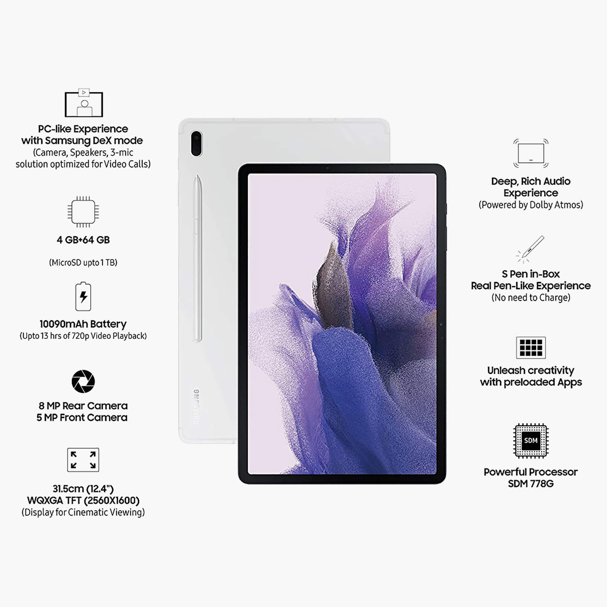 تاب جالاكسي إس 7 بشاشة 12.4 بوصة - 64 جيجابايت + 4 جيجابايت من سامسونج - فضي ميستيك-electronics-tablets-image-3