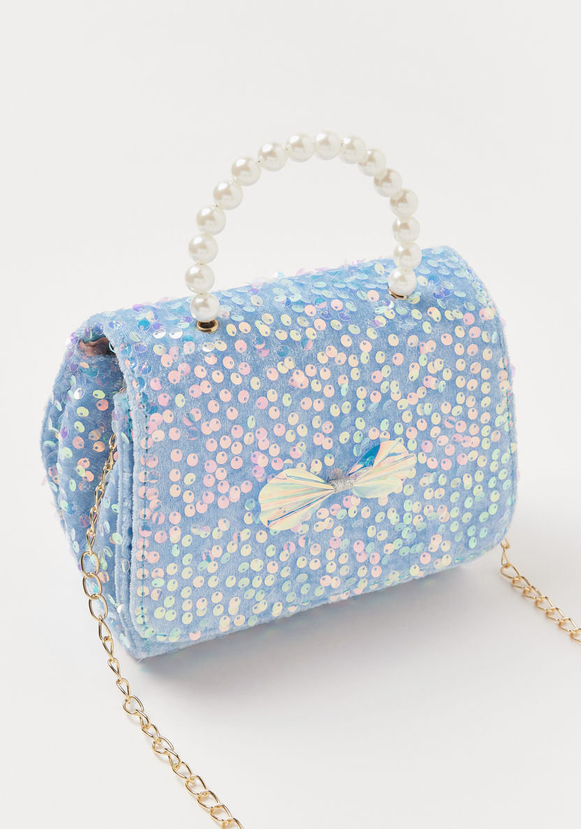 Charmz Embellished Handbag with Pearls Handle and Metallic Chain Strap-Bags and Backpacks-image-3