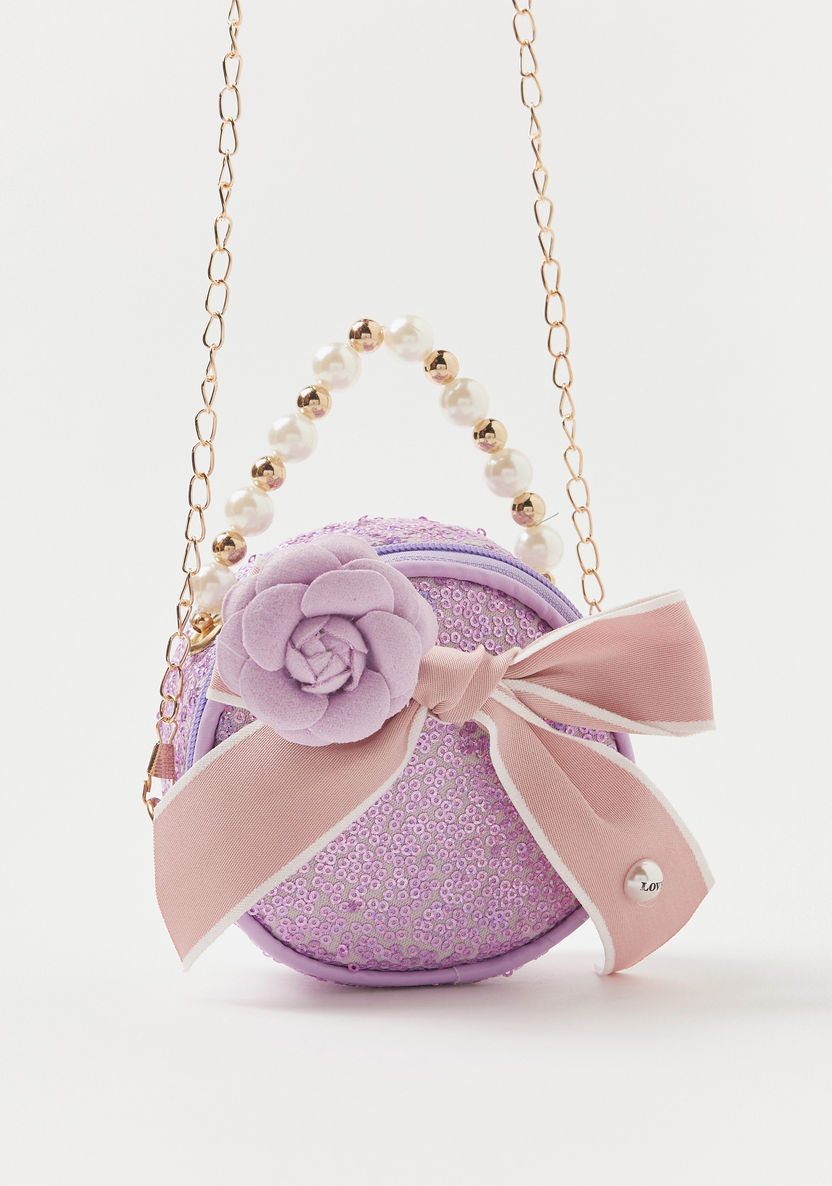 Charmz Sequin Embellished Crossbody Bag with Floral Accent and Pearls Handle-Bags and Backpacks-image-1