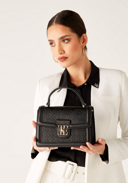 Elle Monogram Embossed Satchel Bag with Detachable Strap and Clasp Closure-Women%27s Handbags-image-0