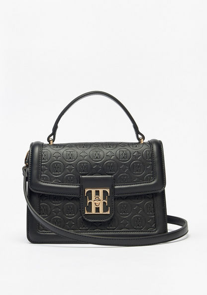 Elle Monogram Embossed Satchel Bag with Detachable Strap and Clasp Closure