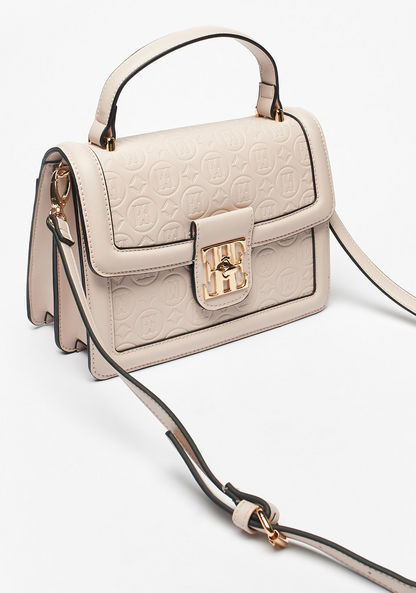 Elle Monogram Embossed Satchel Bag with Detachable Strap and Clasp Closure-Women%27s Handbags-image-2