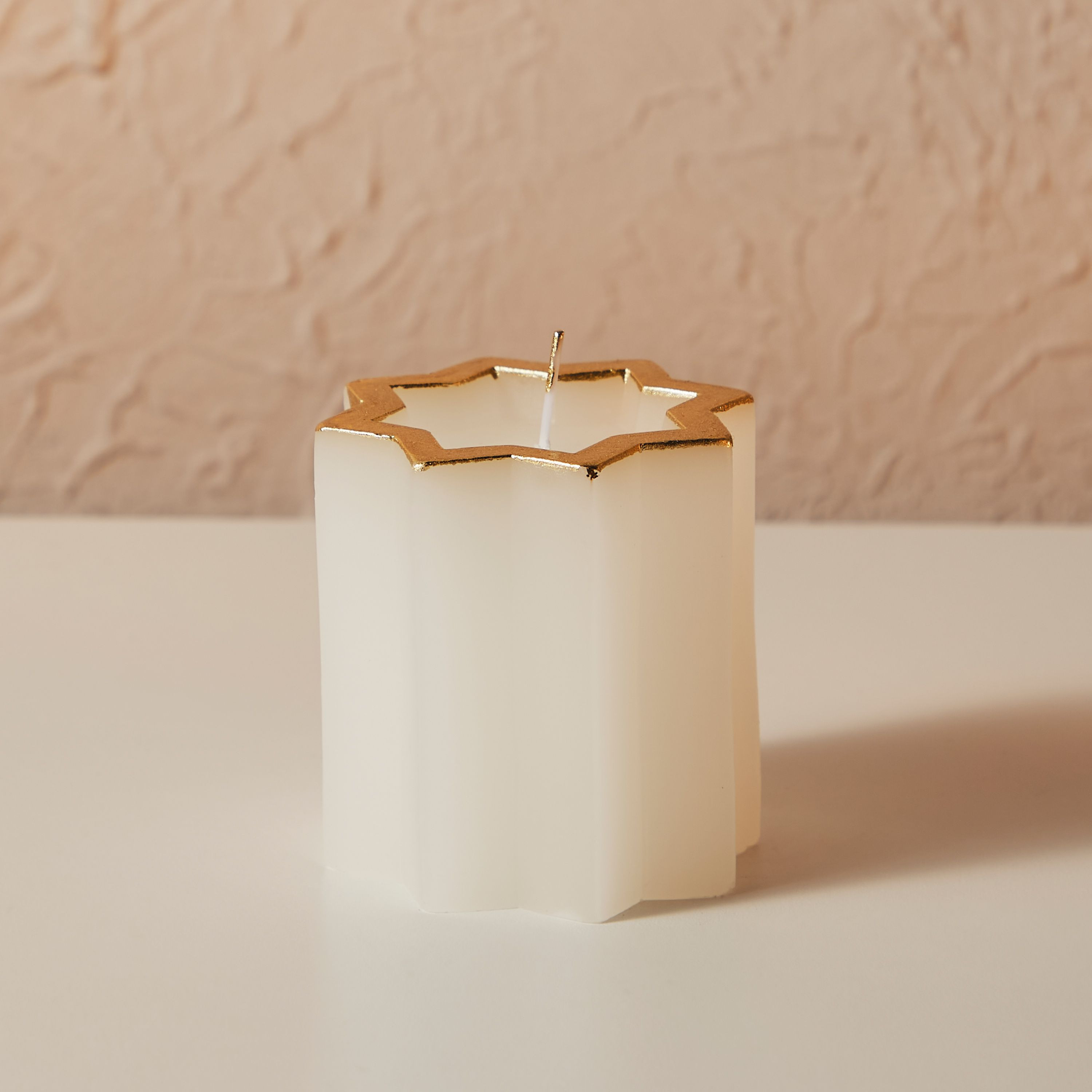 Essentials Octagon Star Pillar Candle - White/Gold - 3x3-household-homefragrance-candles-image-2