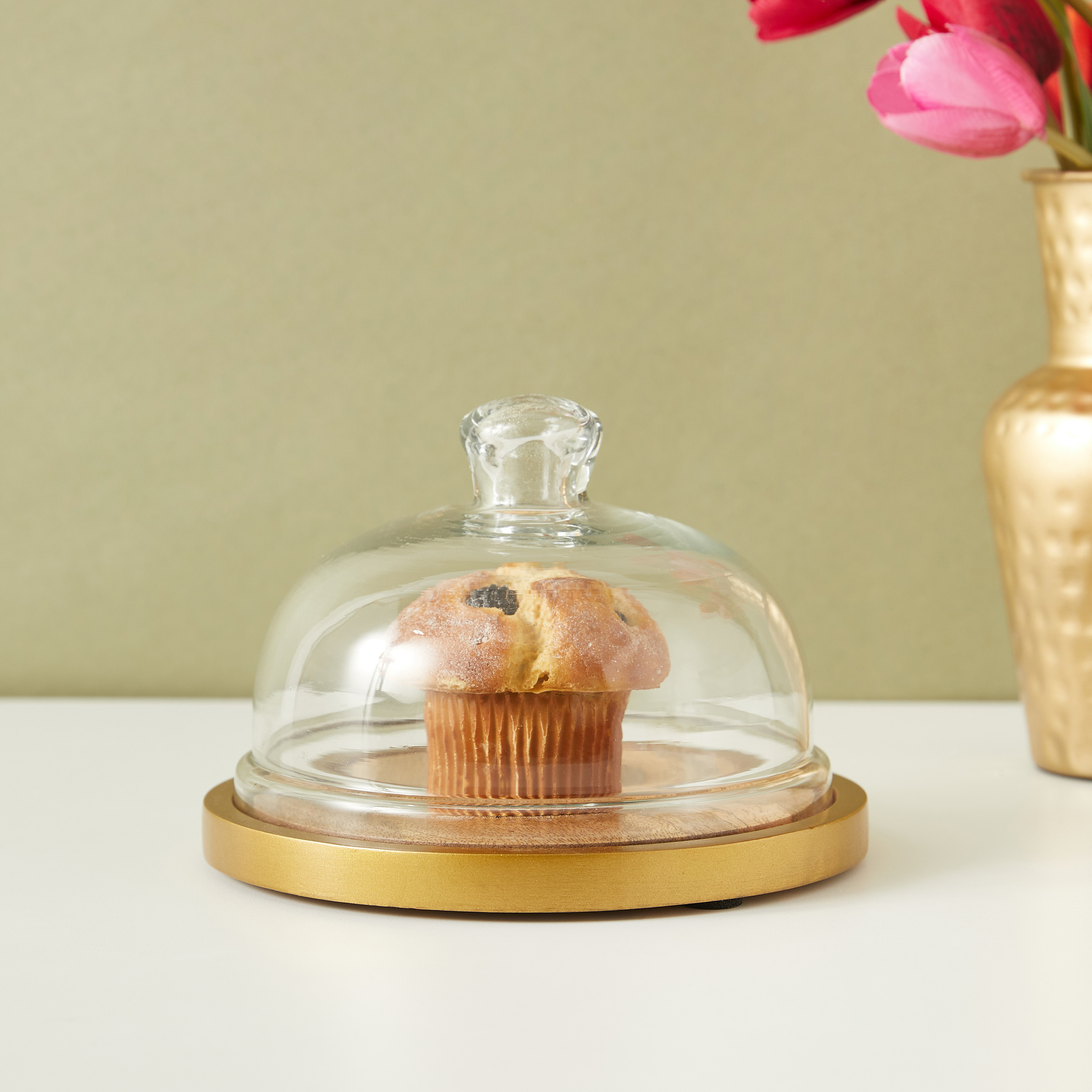 Wooden Cake Stand with Glass Dome - 18x18x13 cms-household-dining-serveware-cakestands-image-1