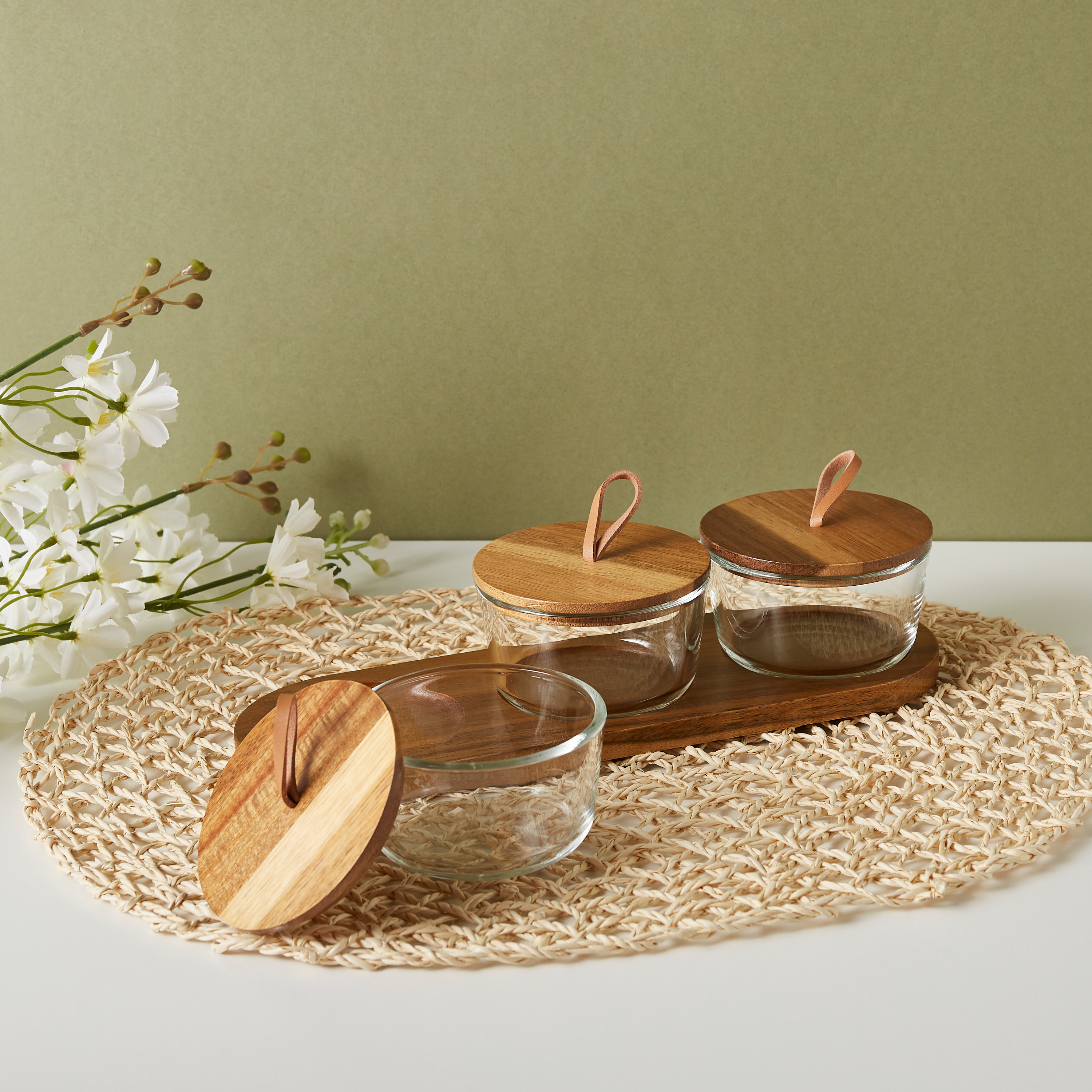 Round 3-Piece Glass Jar Set with Wooden Tray-household-dining-serveware-chipsanddip-image-1