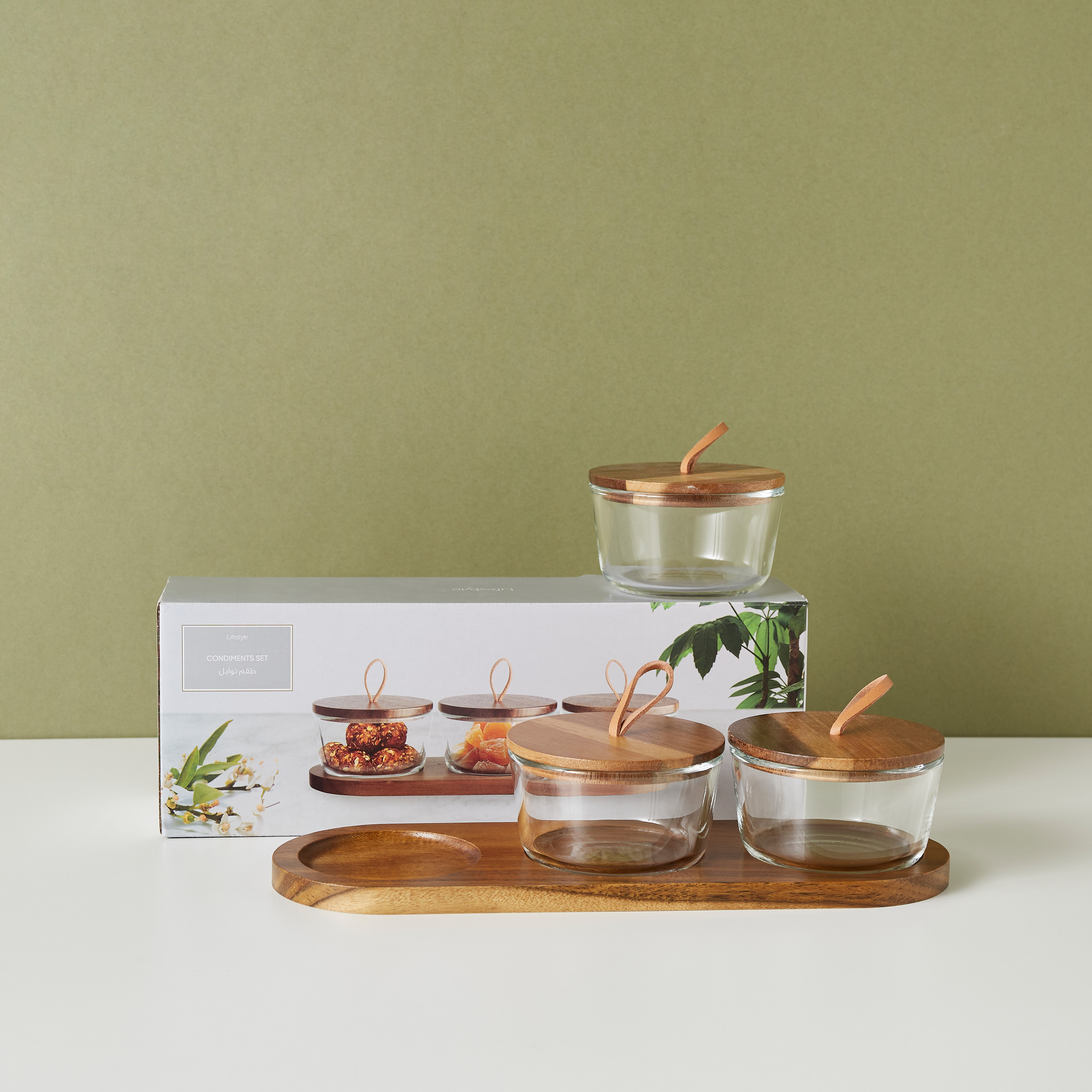 Round 3-Piece Glass Jar Set with Wooden Tray-household-dining-serveware-chipsanddip-image-2