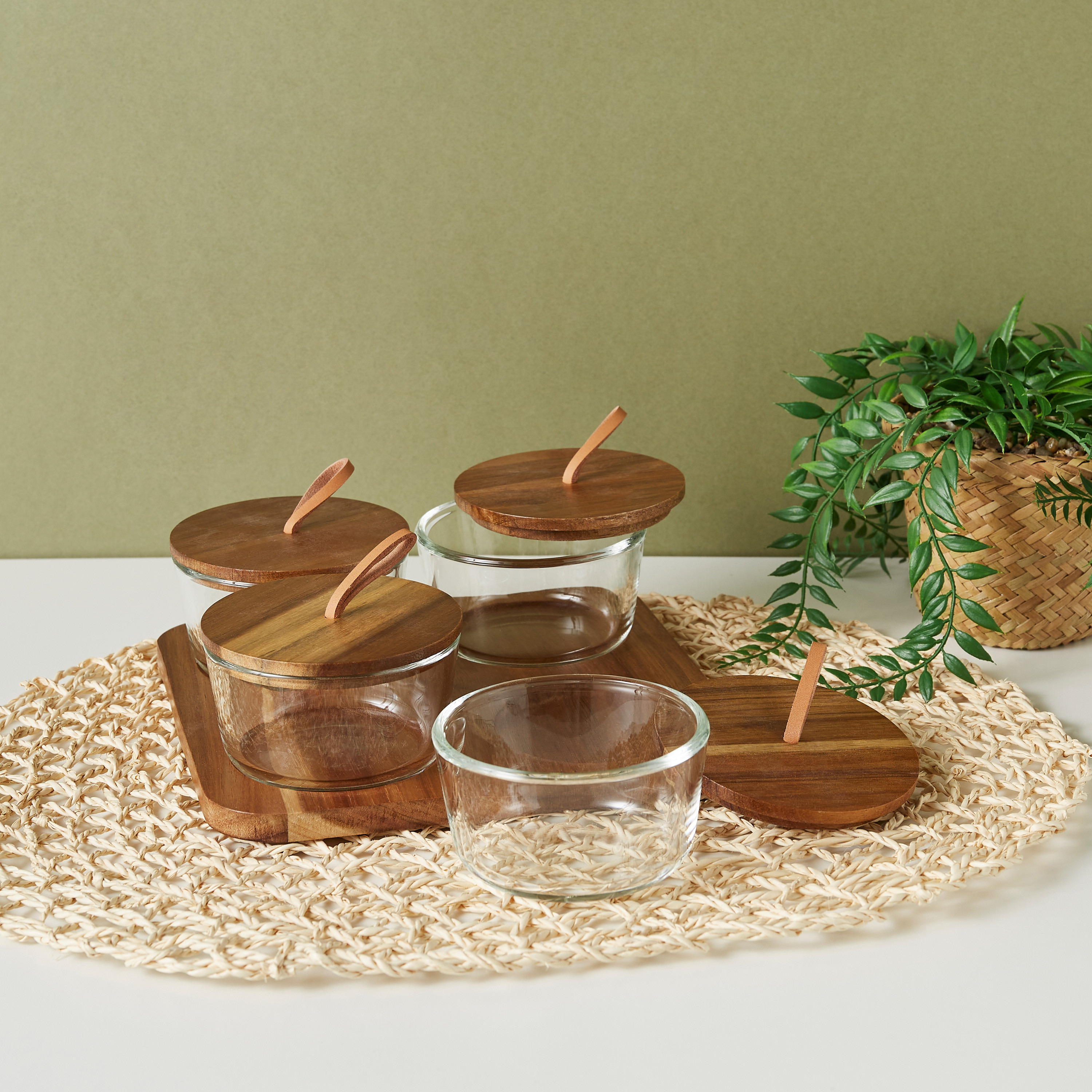 طقم جرة زجاج مستديرة 4 قطع مع صينية خشبية-household-dining-dinnerware-bowls-image-1