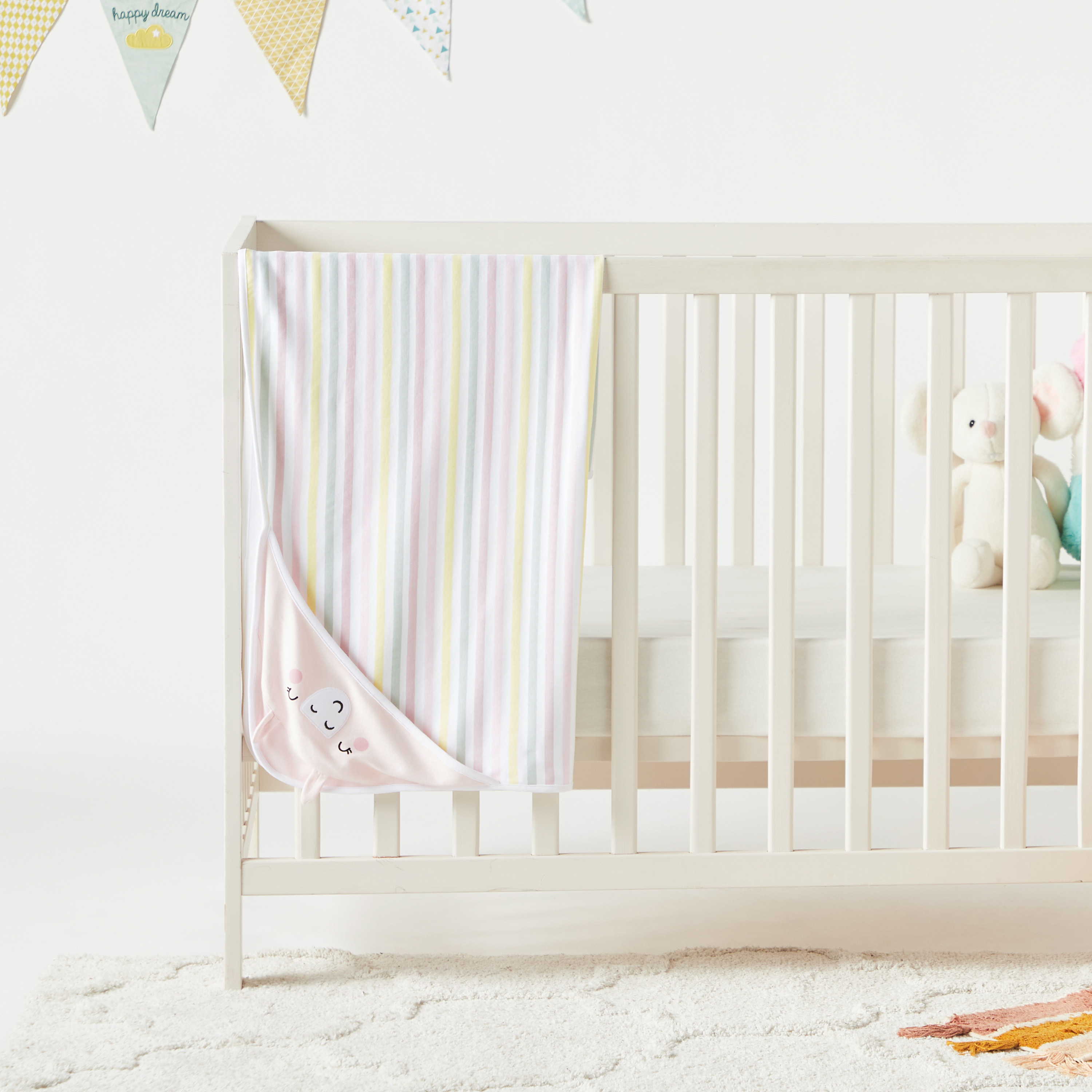 Juniors Striped Receiving Blanket with Hood and Ear Applique - 80x80 cms-baby-nursery-blanketsandswaddles-receivingblankets-image-1