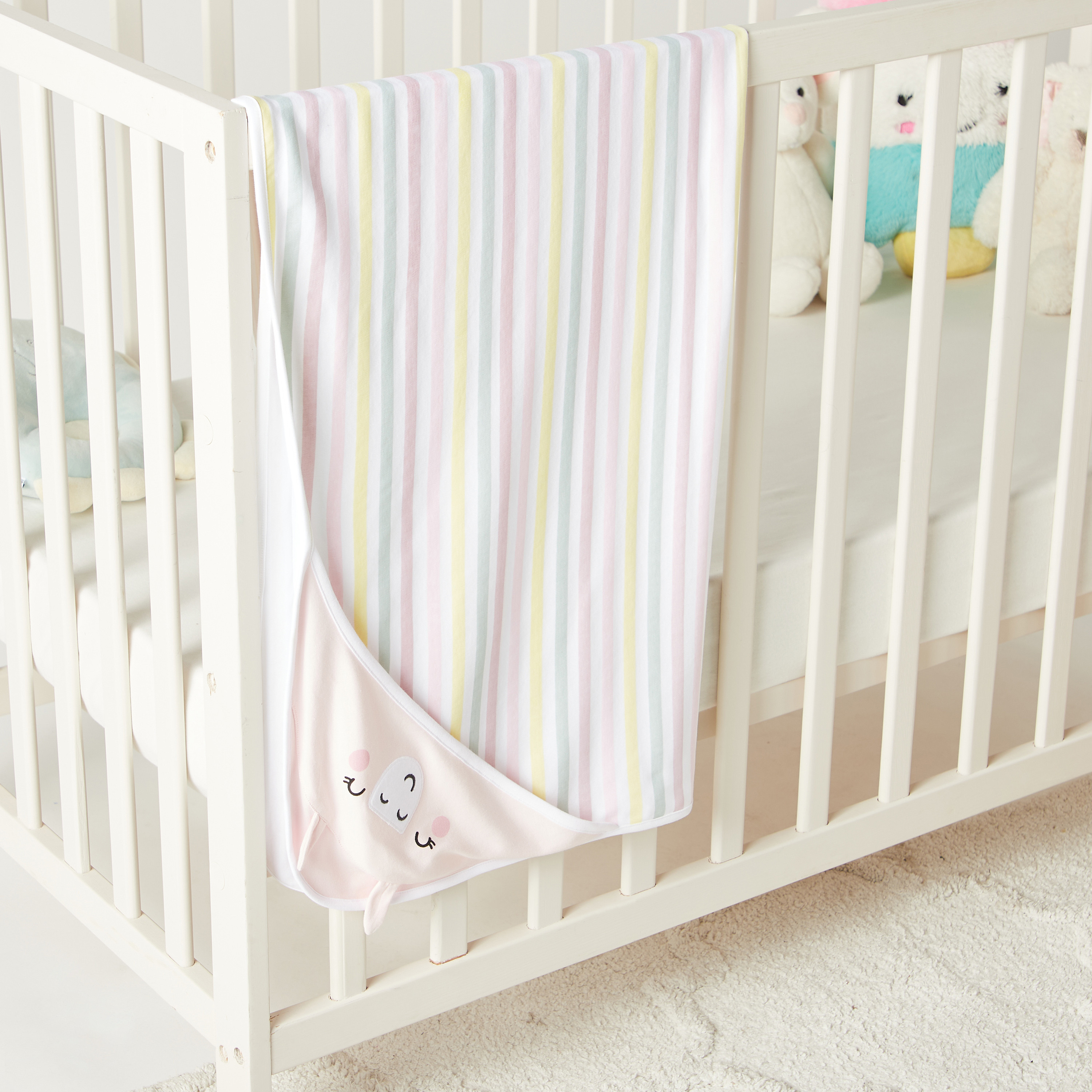 Juniors Striped Receiving Blanket with Hood and Ear Applique - 80x80 cms-baby-nursery-blanketsandswaddles-receivingblankets-image-2