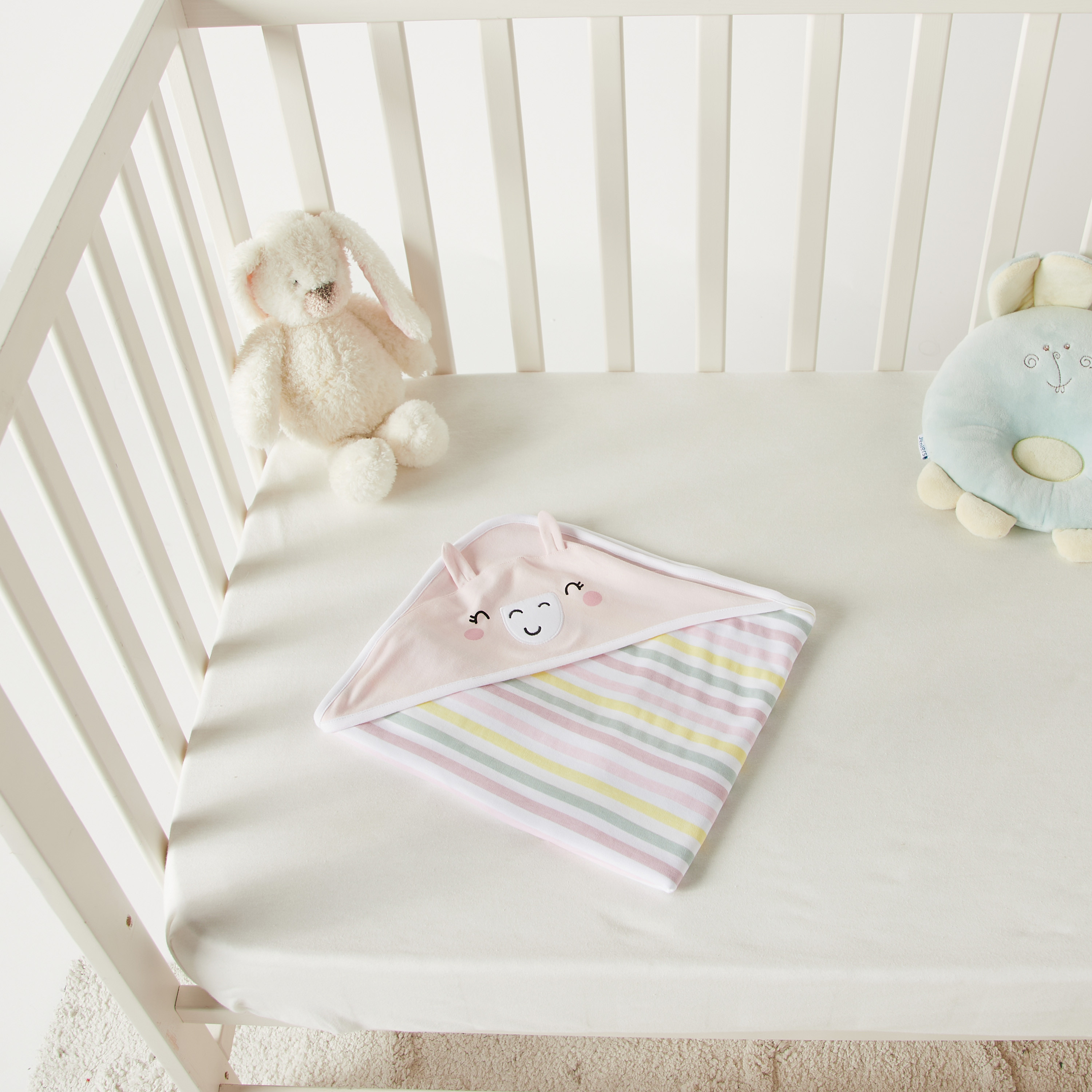 Juniors Striped Receiving Blanket with Hood and Ear Applique - 80x80 cms-baby-nursery-blanketsandswaddles-receivingblankets-image-4