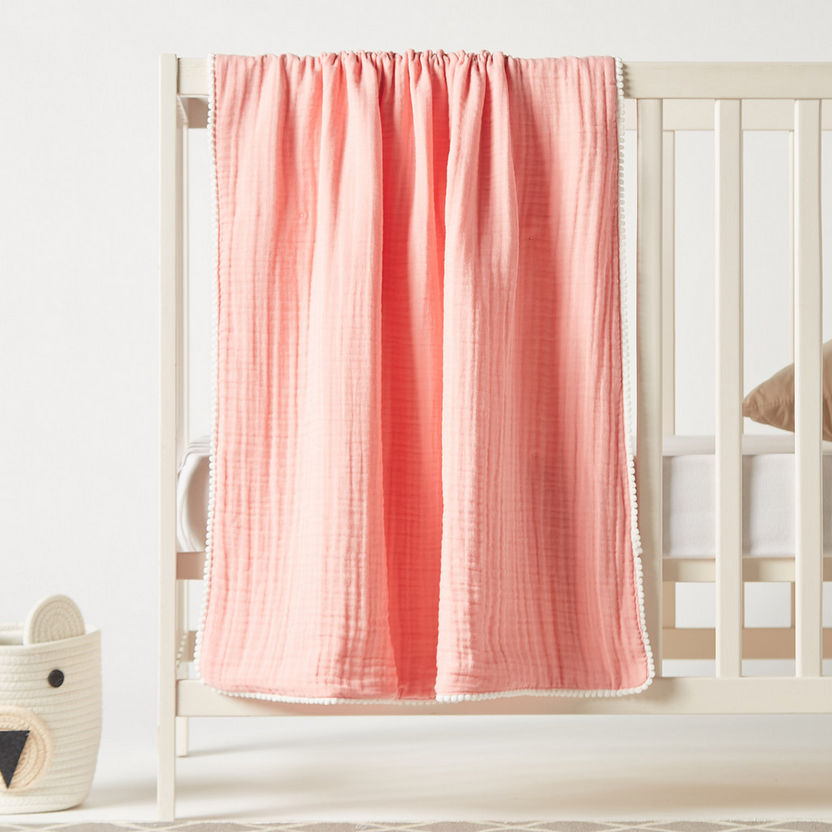 Juniors Muslin Jersey Receiving Blanket with Pom-Pom Lace - 100x80 cms-Receiving Blankets-image-0