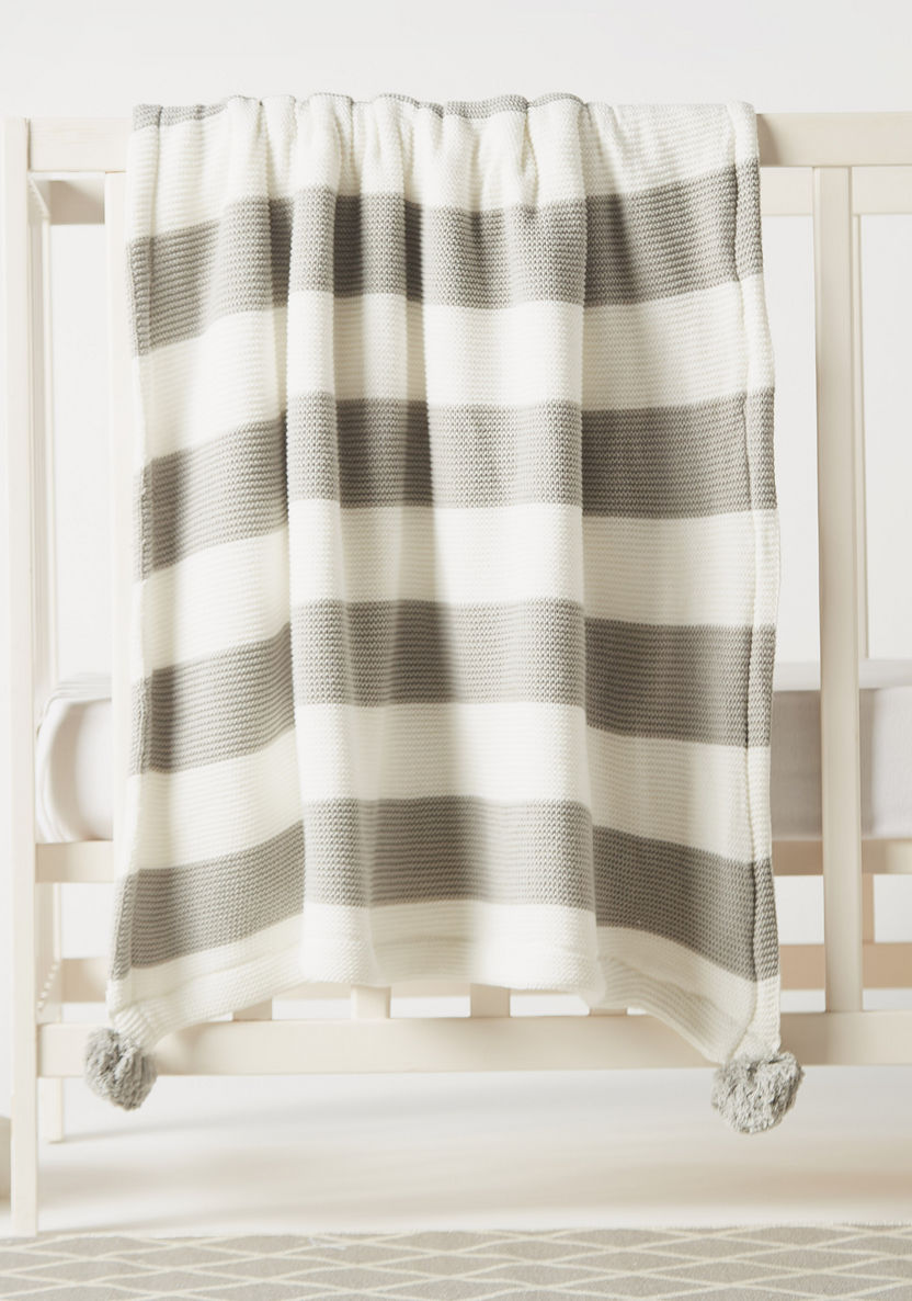 Juniors Striped Knitted Raschel Blanket with Pom Pom Detail - 100x80 cms-Blankets and Throws-image-0