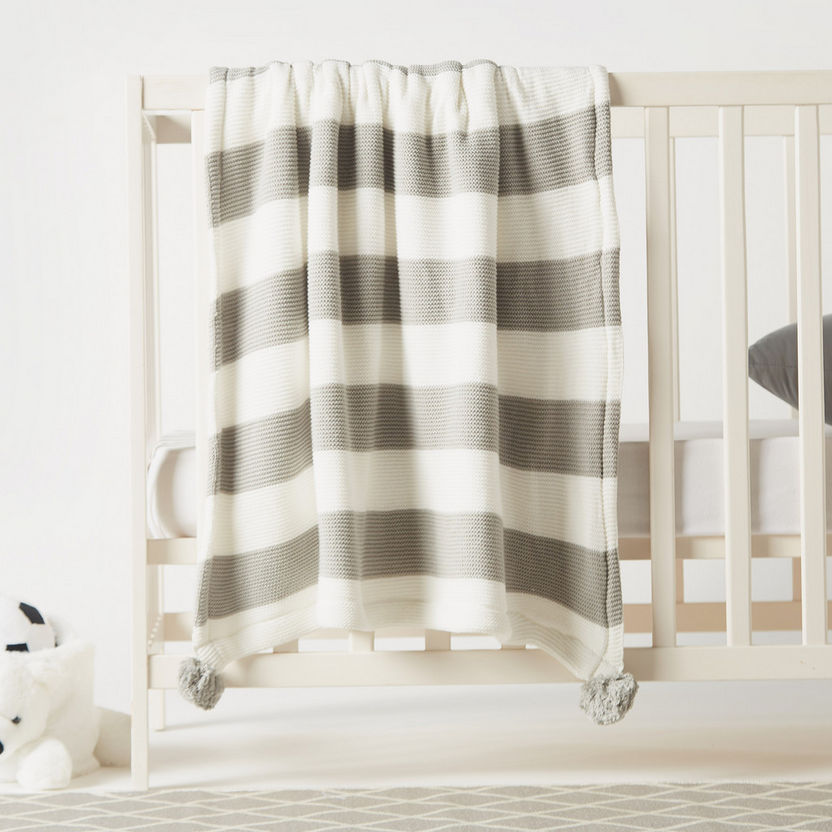 Juniors Striped Knitted Raschel Blanket with Pom Pom Detail - 100x80 cms-Blankets and Throws-image-0