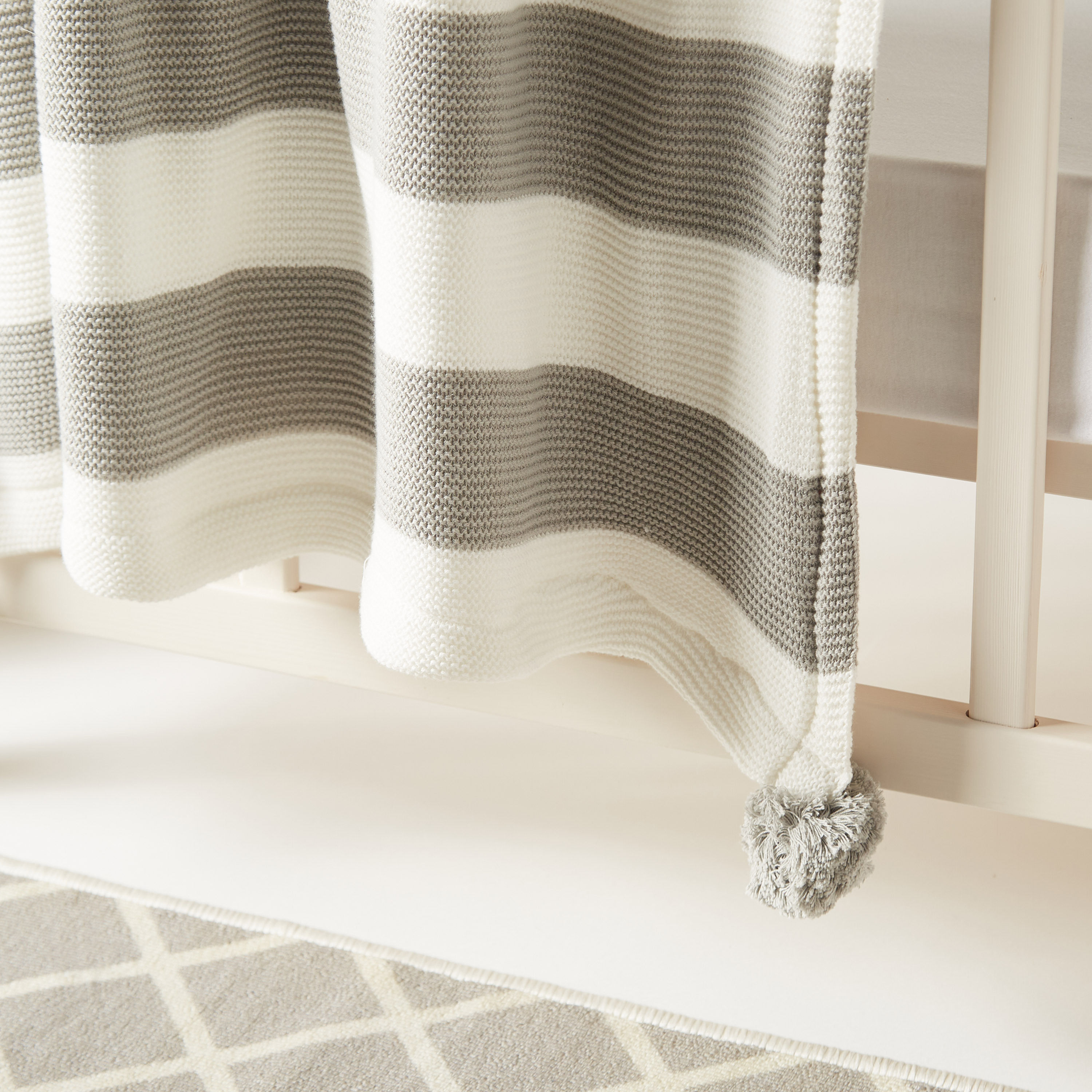 Juniors Striped Knitted Raschel Blanket with Pom Pom Detail - 100x80 cms-baby-nursery-blanketsandswaddles-blanketsandquilts-image-3