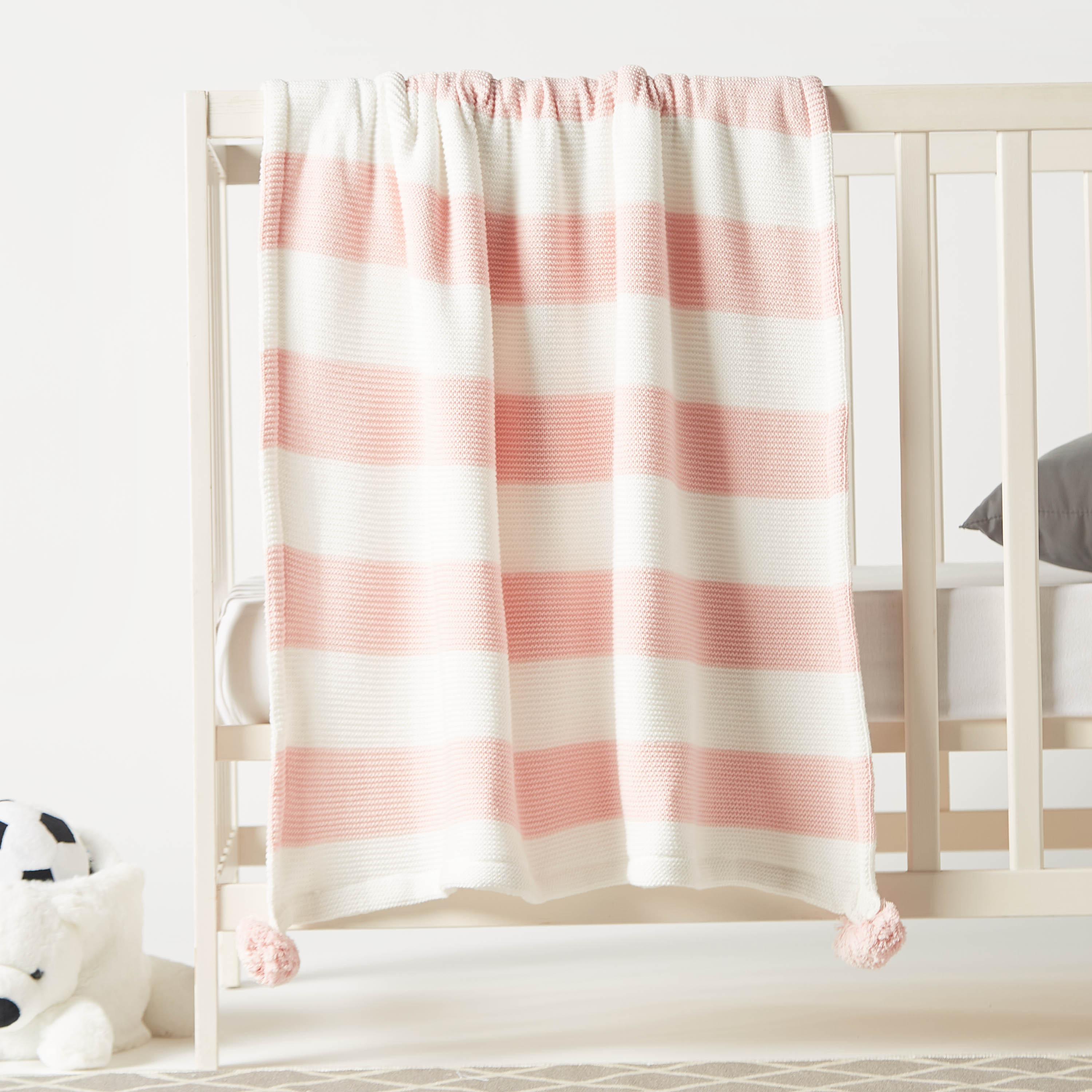 Juniors Striped Knitted Raschel Blanket with Pom Pom Detail - 100x80 cms-baby-nursery-blanketsandswaddles-blanketsandquilts-image-1