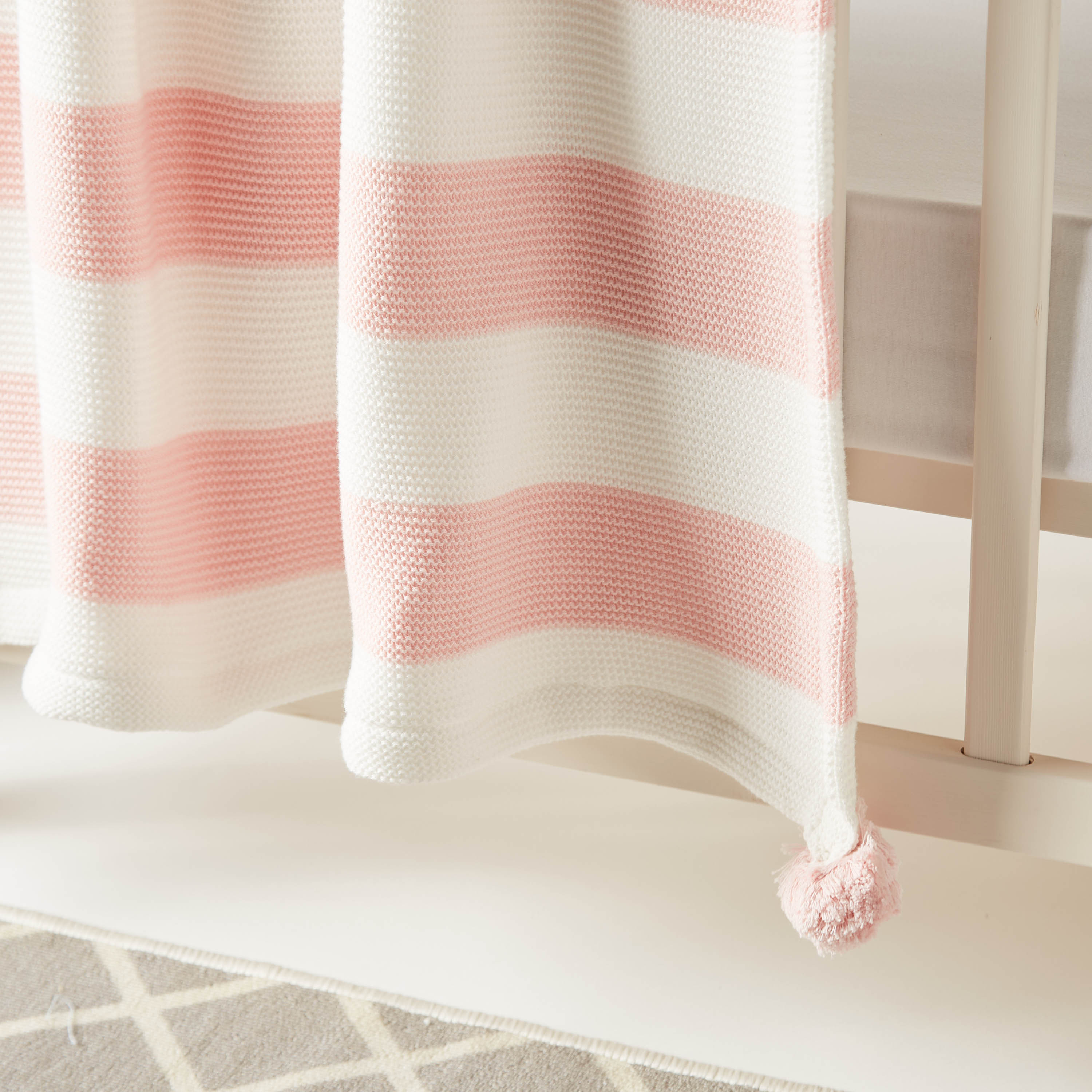 Juniors Striped Knitted Raschel Blanket with Pom Pom Detail - 100x80 cms-baby-nursery-blanketsandswaddles-blanketsandquilts-image-3
