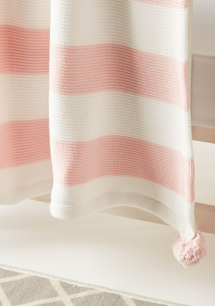 Juniors Striped Knitted Raschel Blanket with Pom Pom Detail - 100x80 cms-Blankets and Throws-image-2