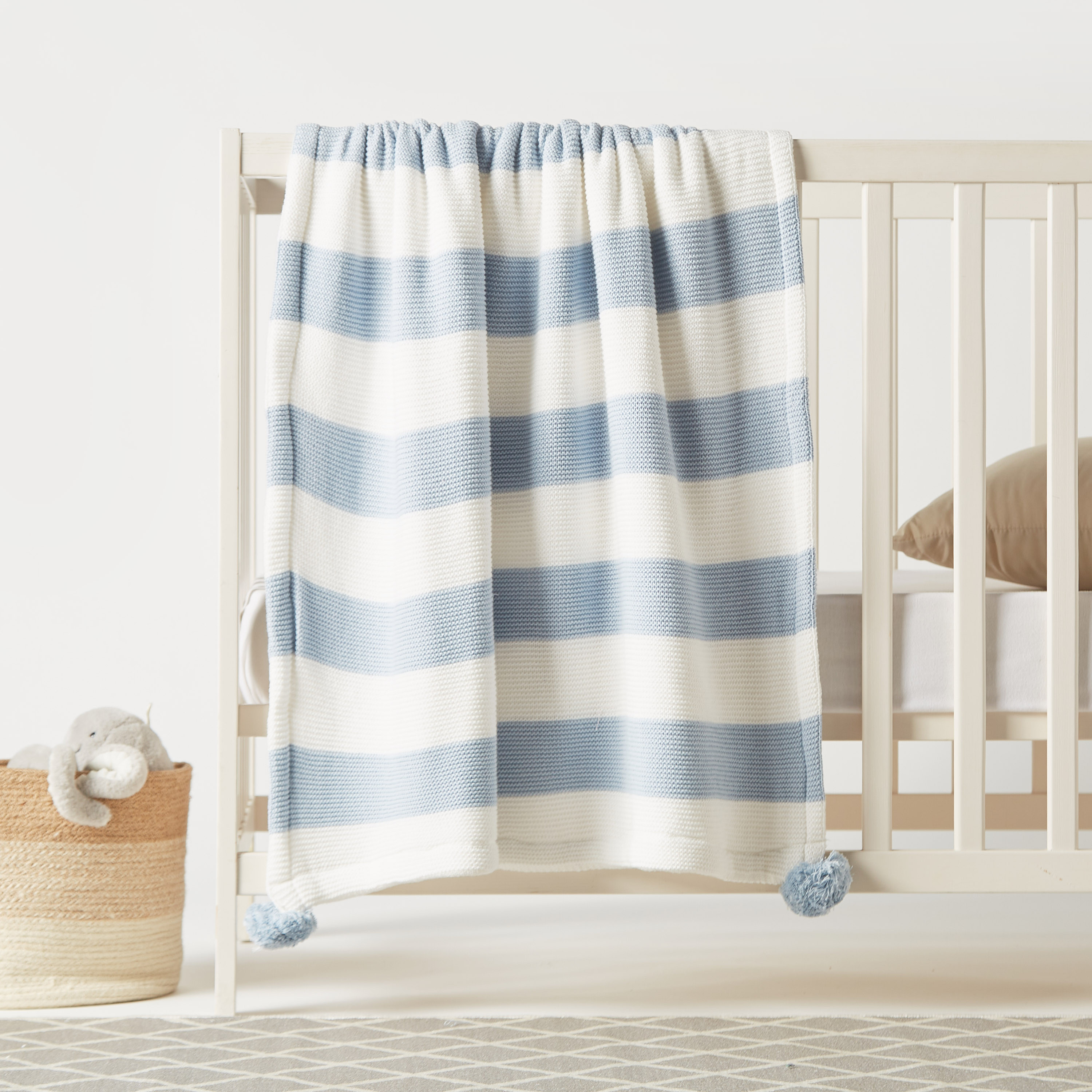 Juniors Striped Knitted Raschel Blanket with Pom Pom Detail - 100x80 cms-baby-nursery-blanketsandswaddles-blanketsandquilts-image-1