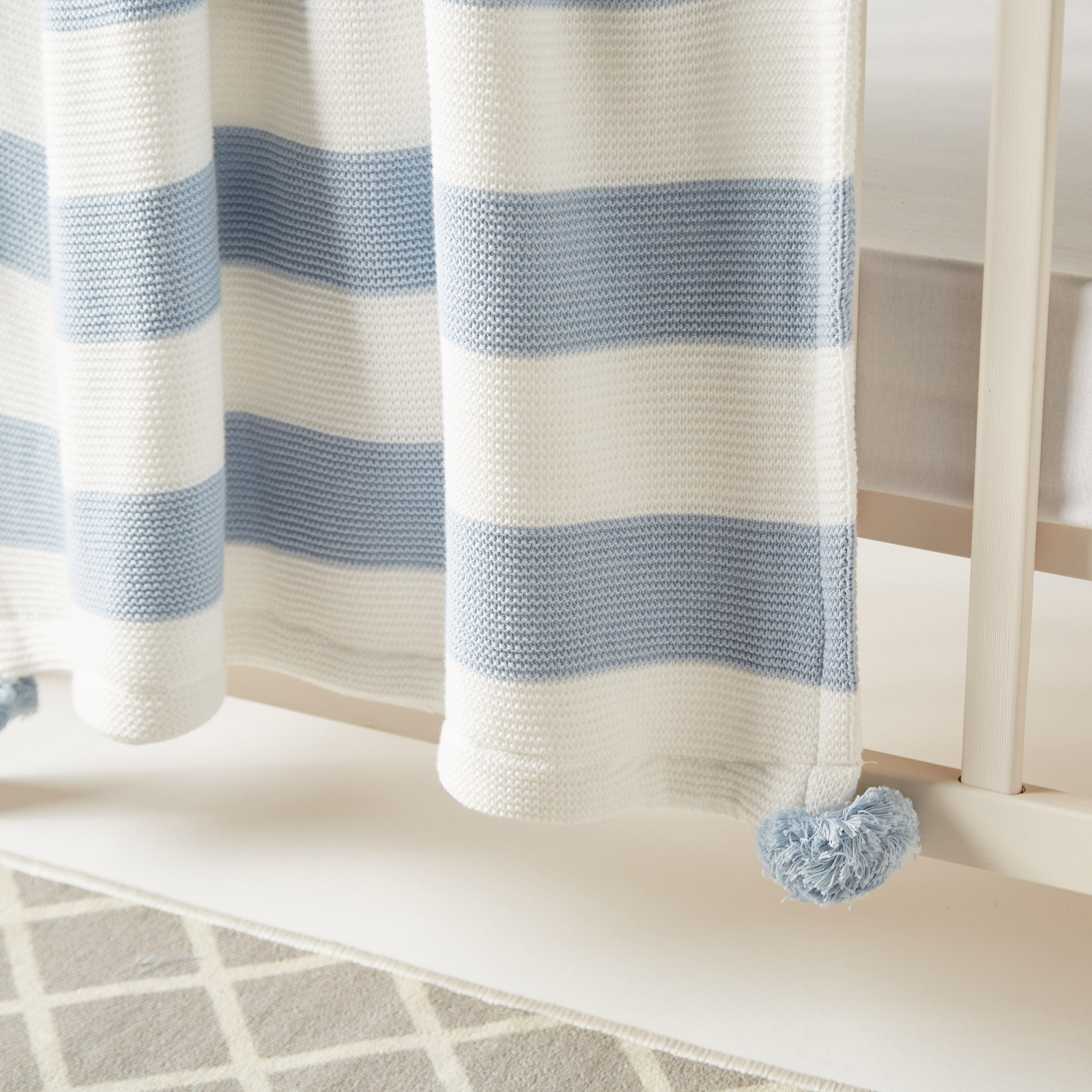 Juniors Striped Knitted Raschel Blanket with Pom Pom Detail - 100x80 cms-baby-nursery-blanketsandswaddles-blanketsandquilts-image-3