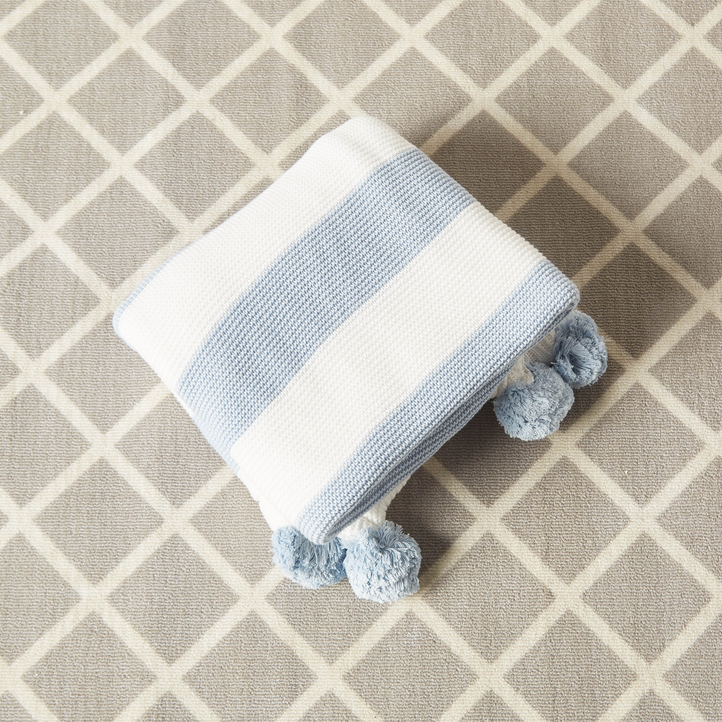 Juniors Striped Knitted Raschel Blanket with Pom Pom Detail - 100x80 cms-baby-nursery-blanketsandswaddles-blanketsandquilts-image-4