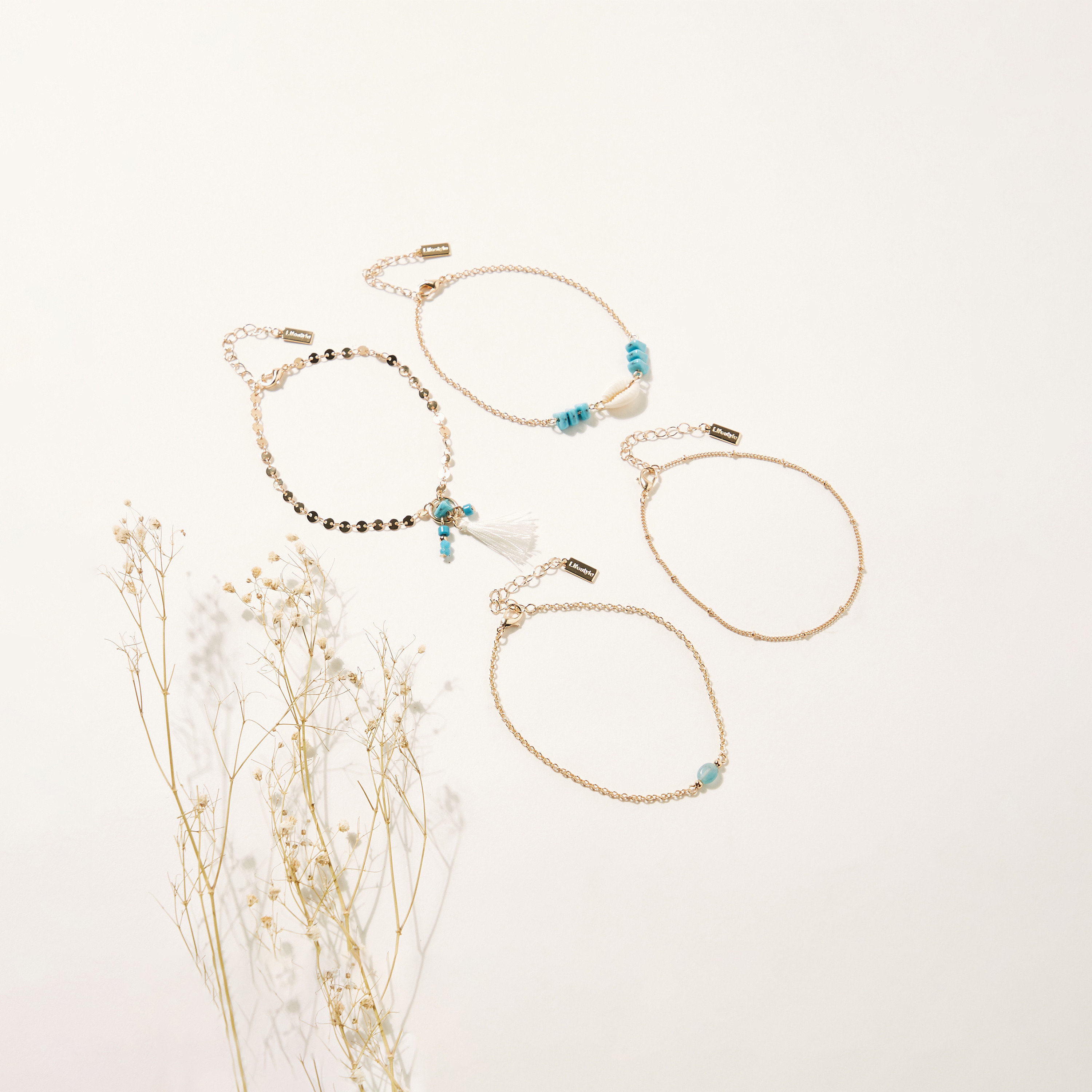 Seashell and Beads Embellished Anklet with Tassel - Set of 4-women-watchesandjewellery-jewellery-anklets-image-1