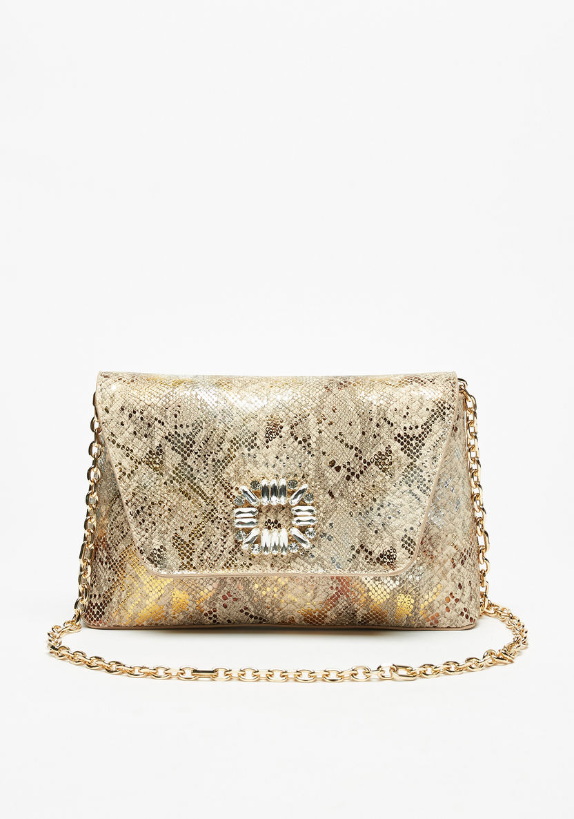 Celeste Textured Clutch with Embellished Buckle and Chain Strap-Wallets & Clutches-image-0