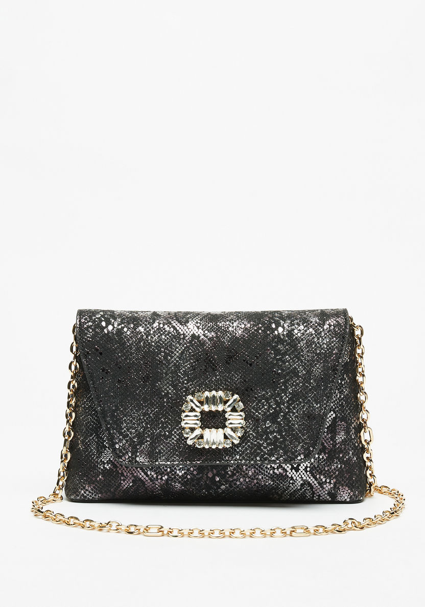 Celeste Textured Clutch with Embellished Buckle and Chain Strap-Wallets & Clutches-image-0