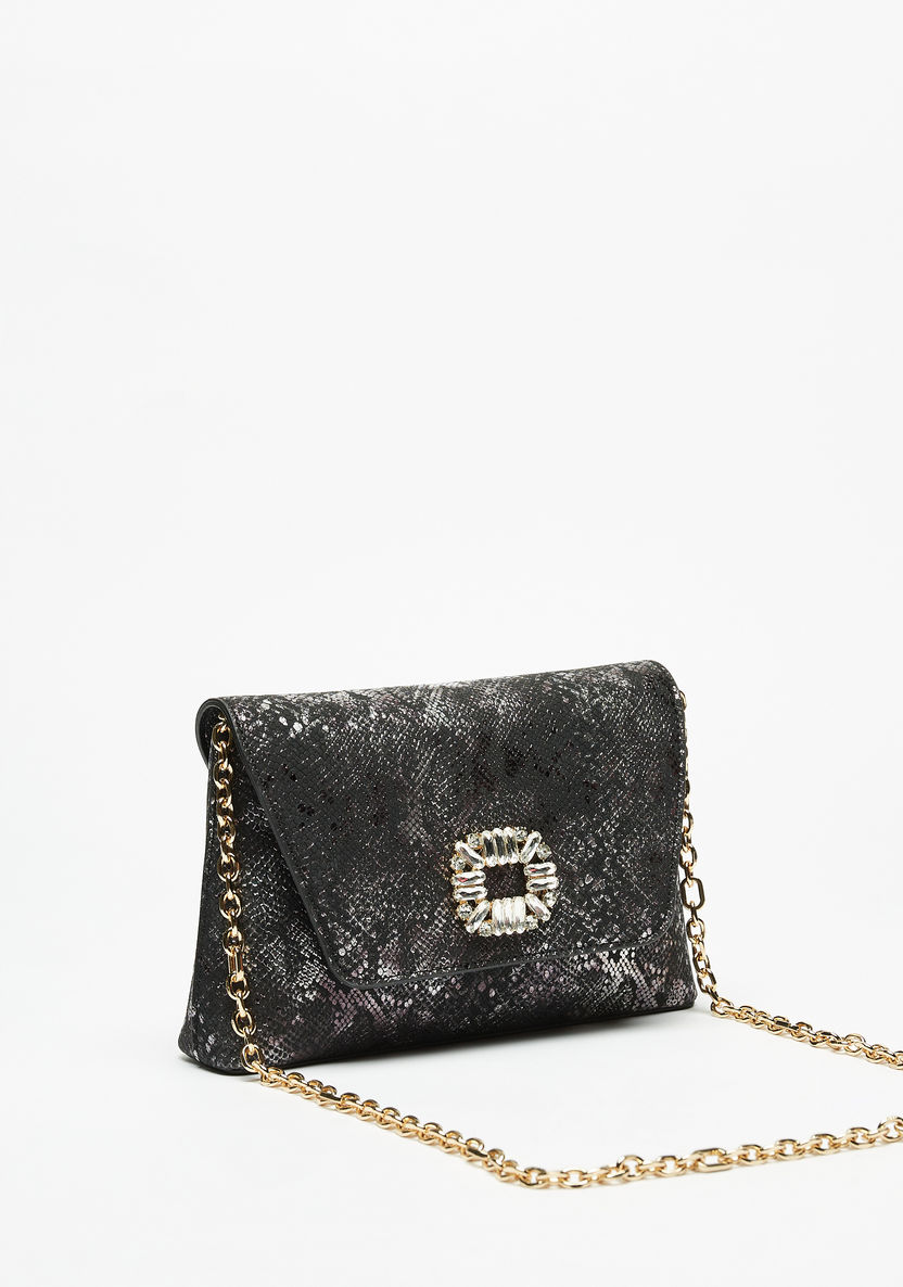 Celeste Textured Clutch with Embellished Buckle and Chain Strap-Wallets & Clutches-image-1