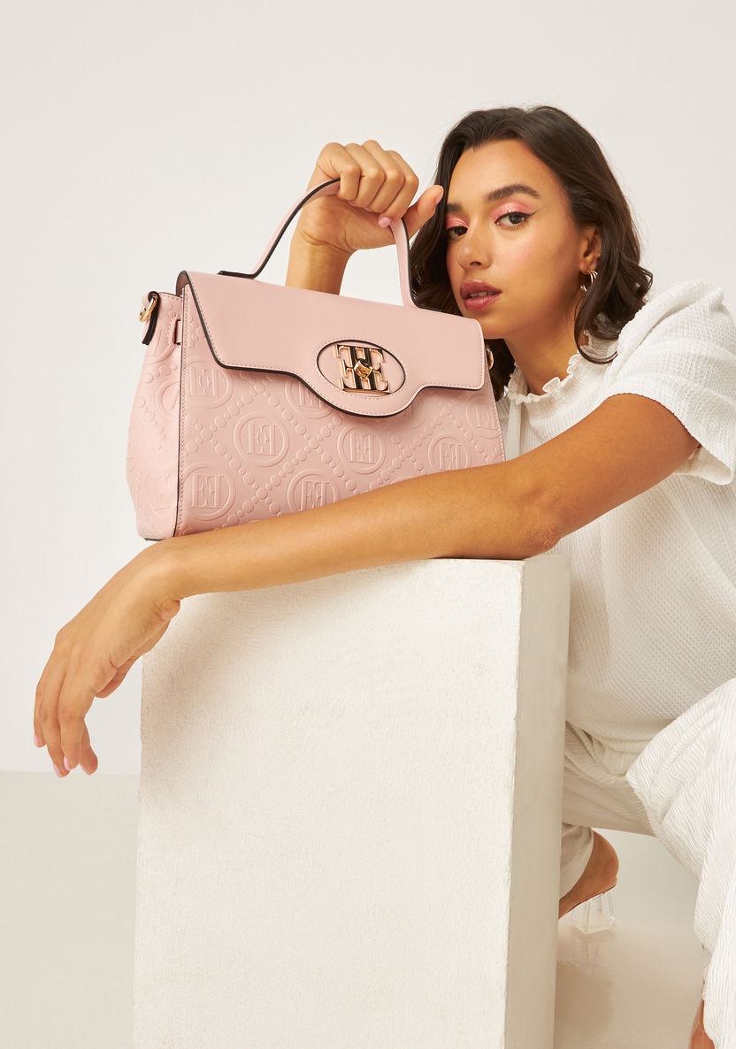 Elle Monogram Embossed Satchel Bag with Detachable Strap-Women%27s Handbags-image-5