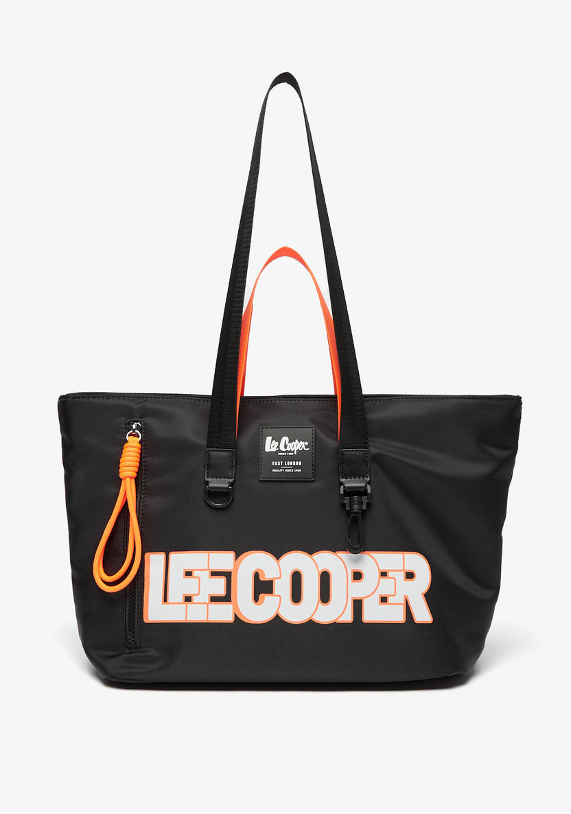 Lee Cooper Logo Print Tote Bag with Handles and Zip Closure-Women%27s Handbags-image-0