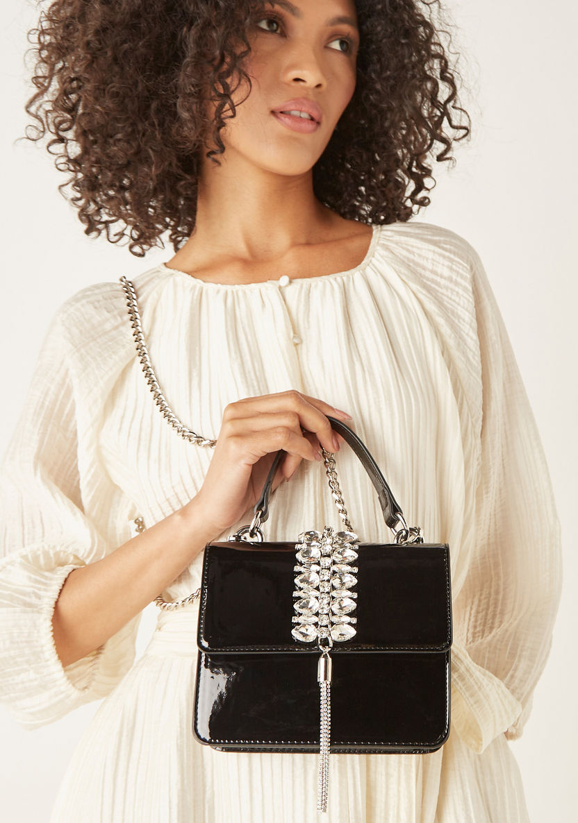 Celeste Crystal Studded Satchel Bag with Tassel Detail and Chain Strap-Women%27s Handbags-image-0