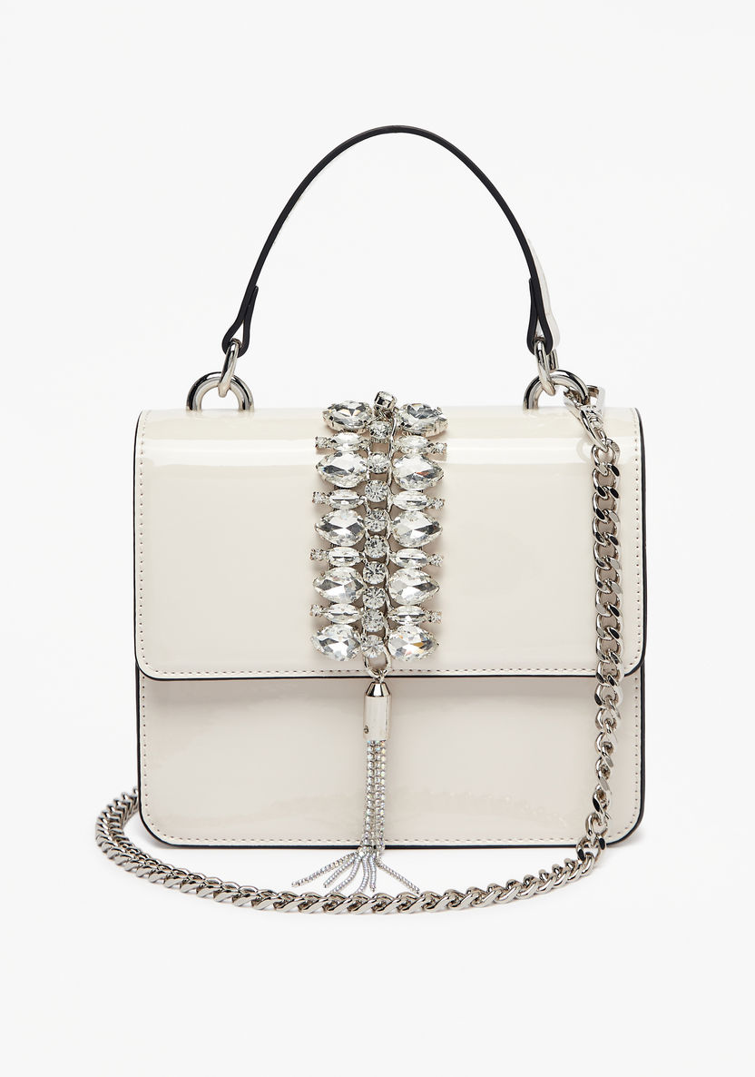 Celeste Crystal Studded Satchel Bag with Tassel Detail and Chain Strap-Women%27s Handbags-image-1