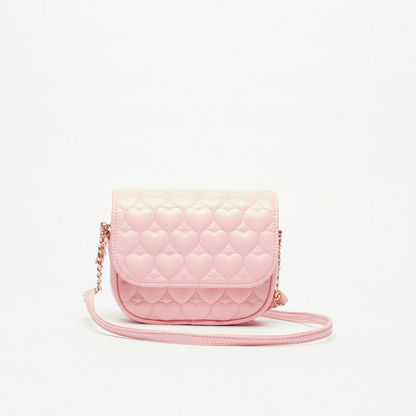 Little Missy Heart Textured Crossbody Bag with Chain Accented Strap and Flap Closure-Girl%27s Bags-image-0