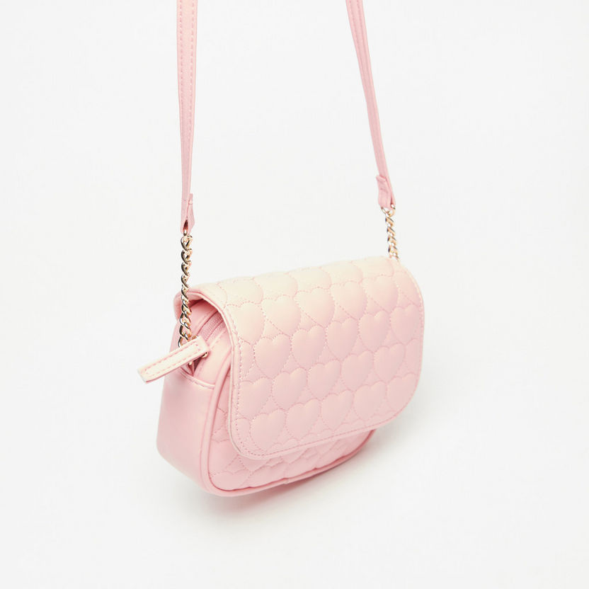 Little Missy Heart Textured Crossbody Bag with Chain Accented Strap and Flap Closure-Girl%27s Bags-image-1