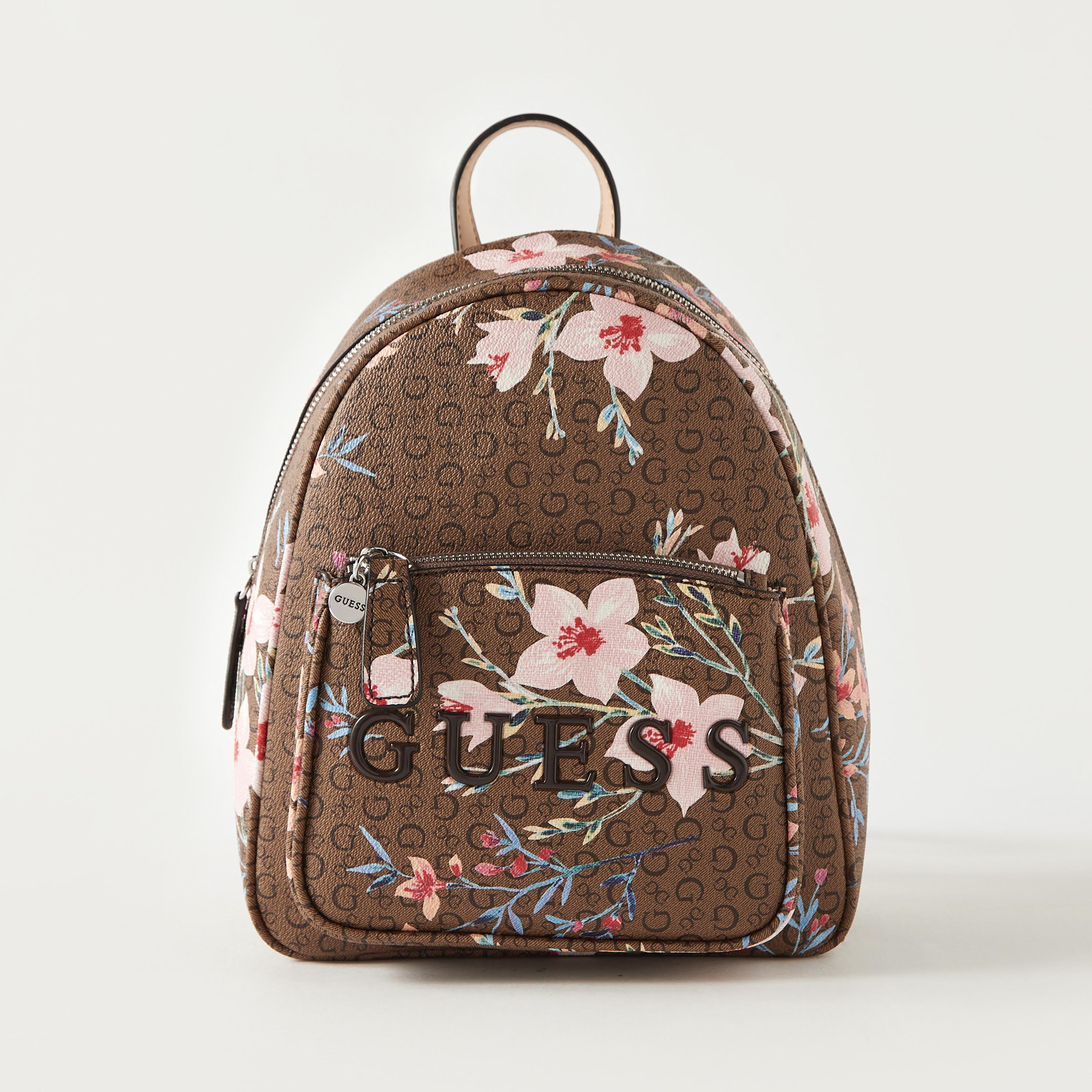 Guess Floral Print Backpack with Adjustable Shoulder Straps and Zip Closure