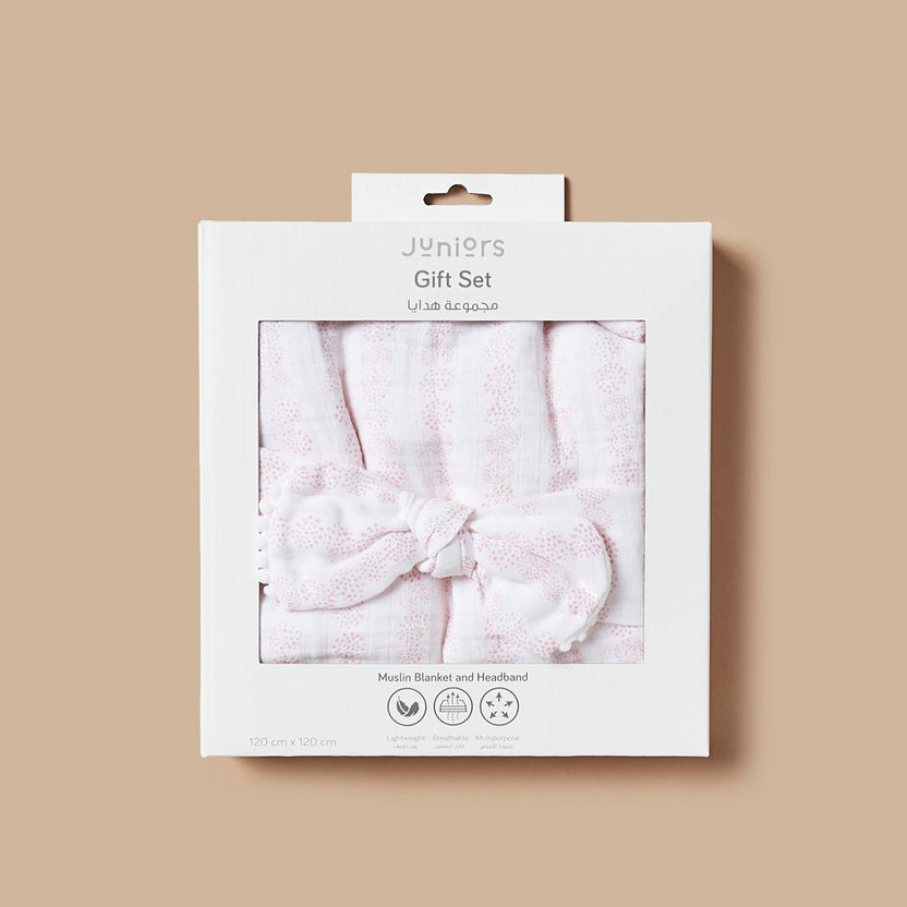 Juniors Printed Swaddle Blanket and Headband Gift Set - 120x120 cm-Receiving Blankets-image-5
